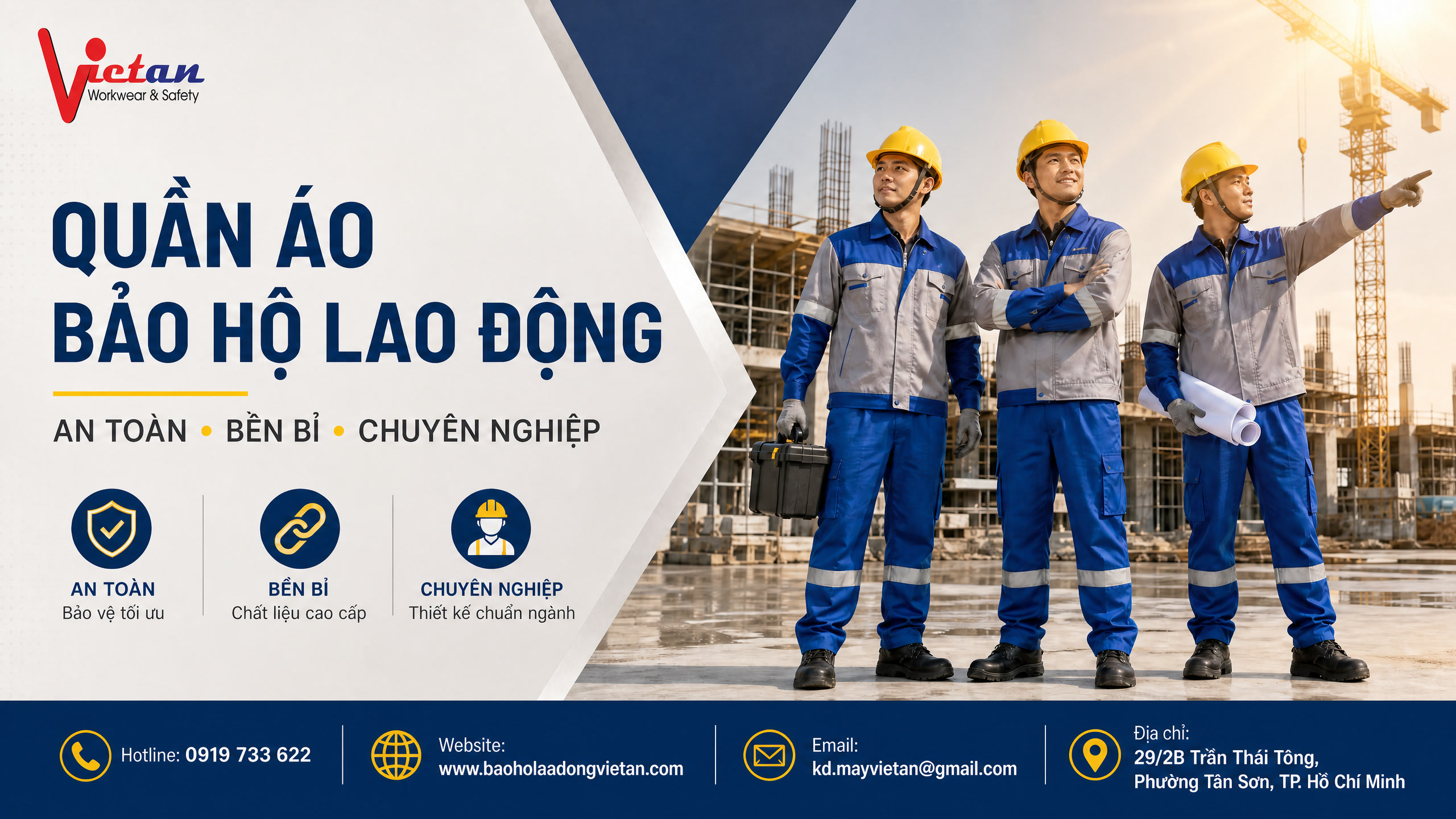 Quần áo bảo hộ công nhân chất lượng, đa dạng mẫu mã cho công trình, nhà máy và xưởng sản xuất. Việt An nhận may theo yêu cầu, in thêu logo.